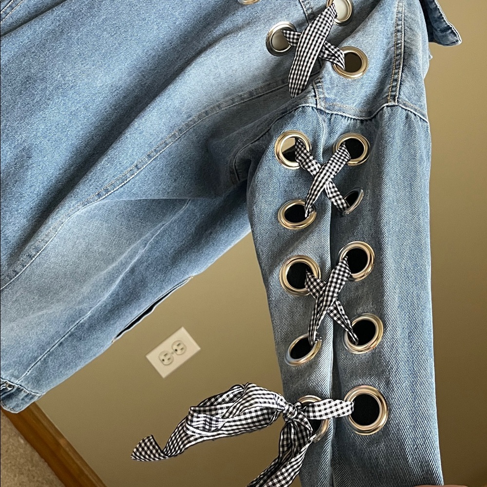Grommet Gingham Ribbon Jean Jacket - Picture 5 of 6
